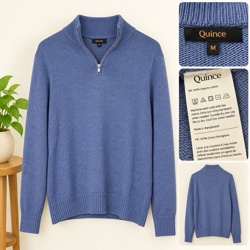 Quince Men’s M Moonstone Blue 100% Organic Cotton Quarter Zip Sweater
